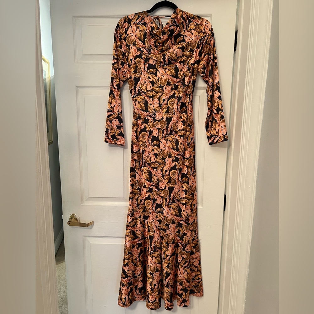 Black Long-Sleeve Maxi Dress with Pink Floral Print